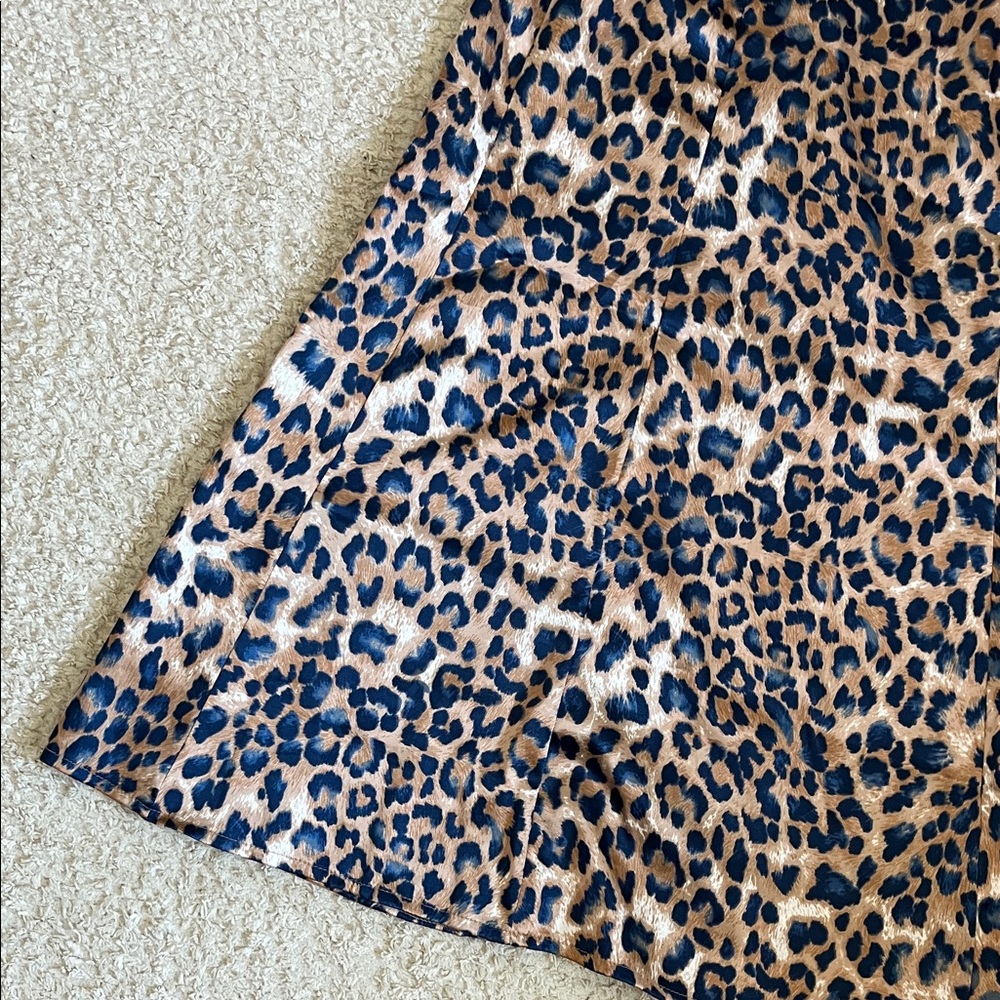 Lulu's Satin Tan and Navy Blue Leopard Print Midi A-line Skirt - Picture 7 of 9